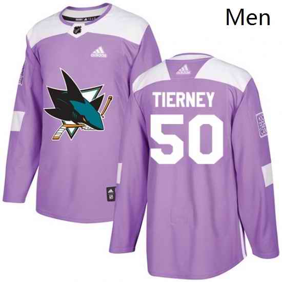 Mens Adidas San Jose Sharks 50 Chris Tierney Authentic Purple Fights Cancer Practice NHL Jersey